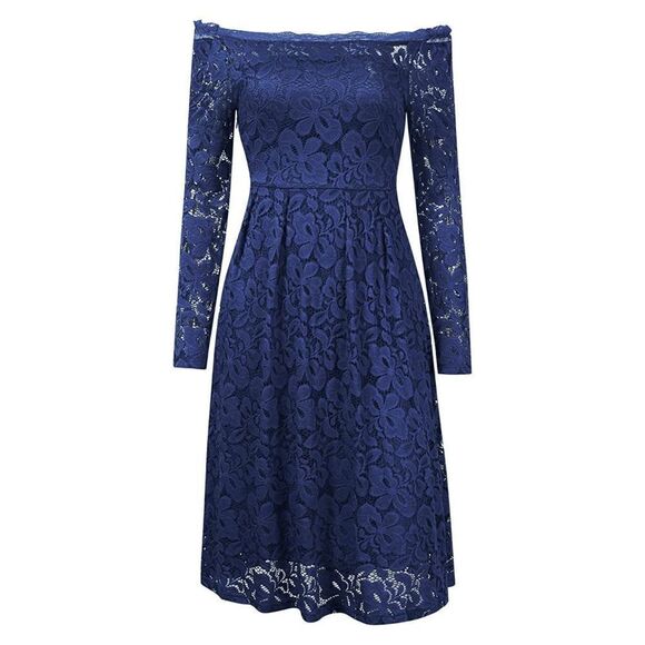 💙 Off Shoulder Lace Retro Pinup Vintage 1950s Long Sleeves Navy Dress L NWT - Picture 1 of 16